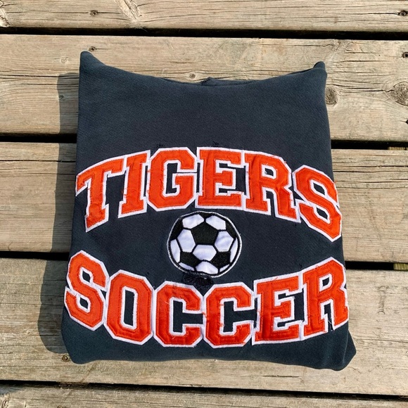 💛 Vintage 90s Lettermen Sports Tigers Soccer Black Hoodie Size Large Thrashed - Picture 9 of 10